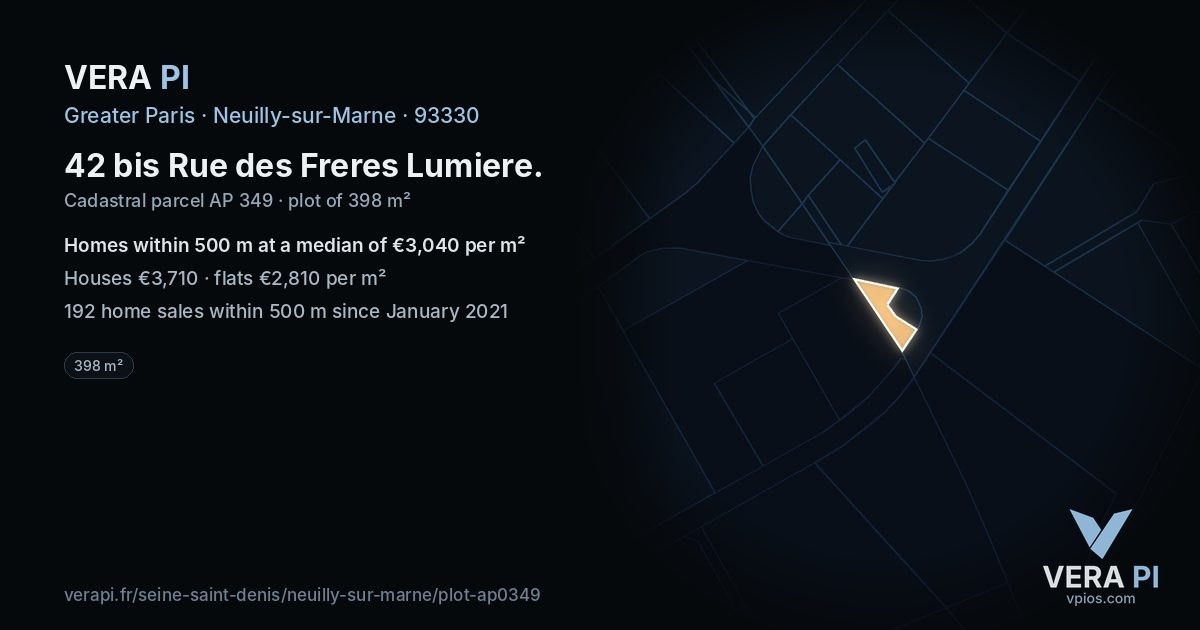 42 bis Rue des Freres Lumiere, Neuilly-sur-Marne at night – the plot lit, the parcels around coloured by the prices near them