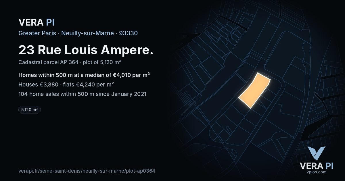 23 Rue Louis Ampere, Neuilly-sur-Marne at night – the plot lit, the parcels around coloured by the prices near them