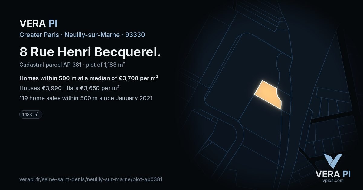 8 Rue Henri Becquerel, Neuilly-sur-Marne at night – the plot lit, the parcels around coloured by the prices near them