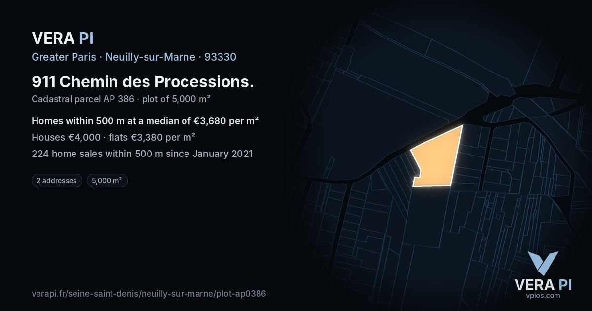 911 Chemin des Processions, Neuilly-sur-Marne at night – the plot lit, the parcels around coloured by the prices near them