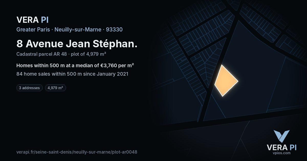 8 Avenue Jean Stéphan, Neuilly-sur-Marne at night – the plot lit, the parcels around coloured by the prices near them