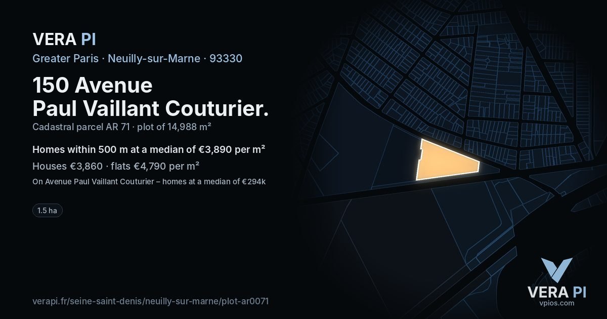 150 Avenue Paul Vaillant Couturier, Neuilly-sur-Marne at night – the plot lit, the parcels around coloured by the prices near them