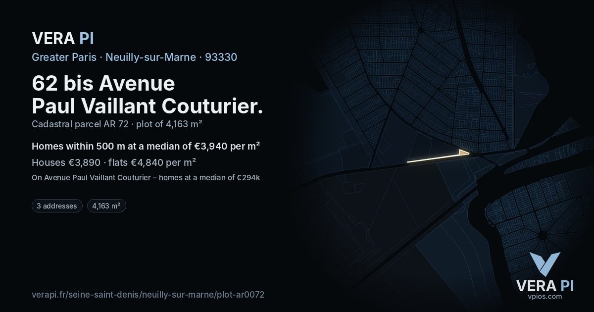 62 bis Avenue Paul Vaillant Couturier, Neuilly-sur-Marne at night – the plot lit, the parcels around coloured by the prices near them