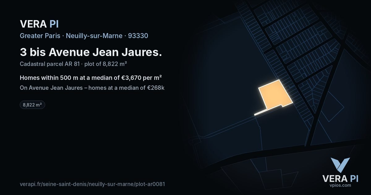 3 bis Avenue Jean Jaures, Neuilly-sur-Marne at night – the plot lit, the parcels around coloured by the prices near them