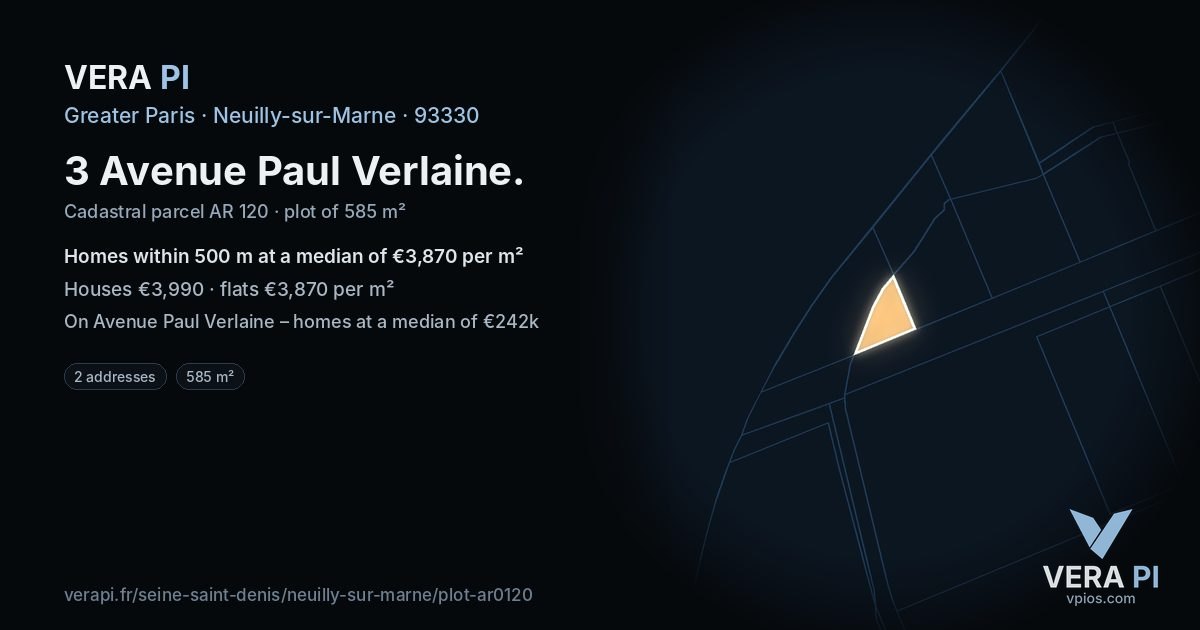 3 Avenue Paul Verlaine, Neuilly-sur-Marne at night – the plot lit, the parcels around coloured by the prices near them