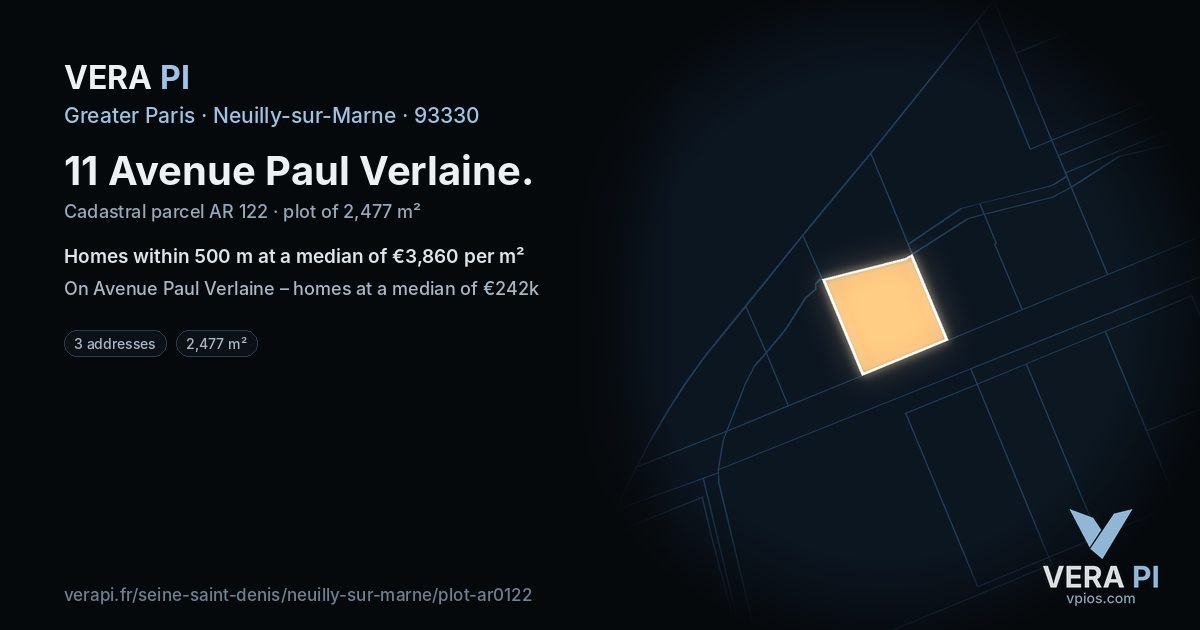 11 Avenue Paul Verlaine, Neuilly-sur-Marne at night – the plot lit, the parcels around coloured by the prices near them