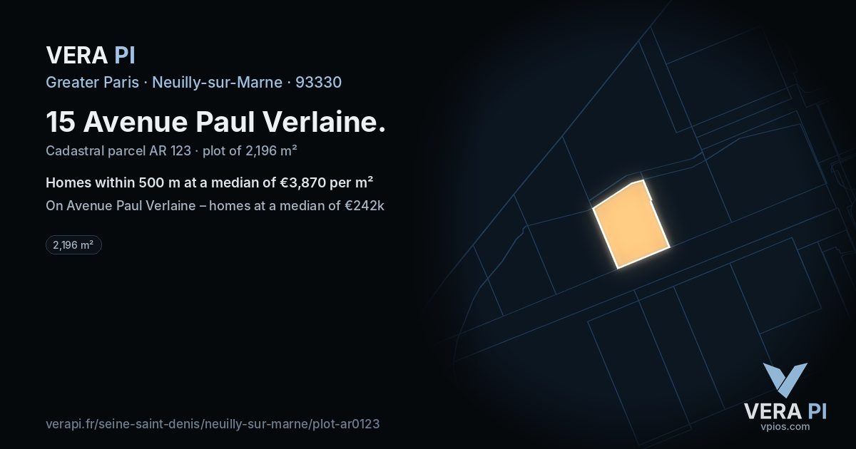 15 Avenue Paul Verlaine, Neuilly-sur-Marne at night – the plot lit, the parcels around coloured by the prices near them