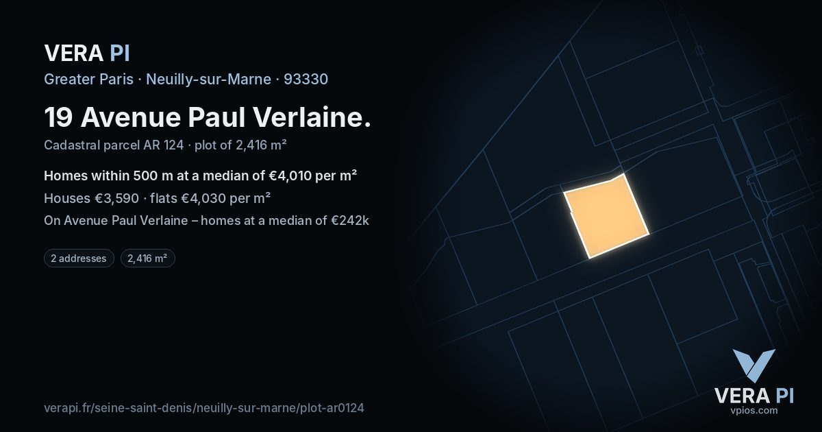 19 Avenue Paul Verlaine, Neuilly-sur-Marne at night – the plot lit, the parcels around coloured by the prices near them