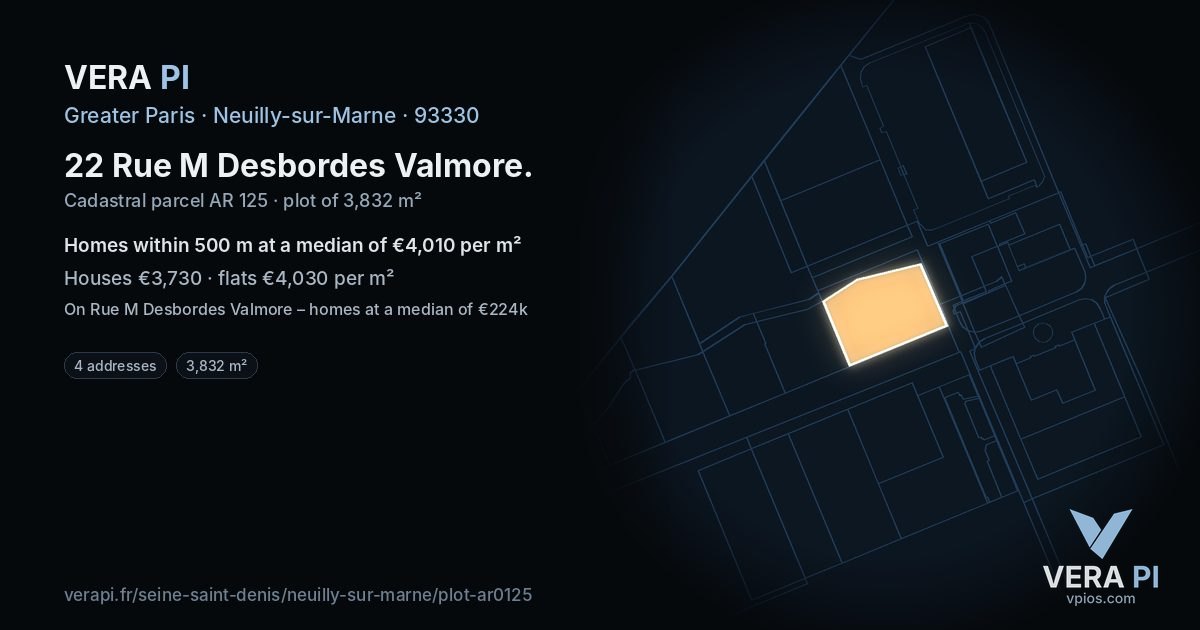 22 Rue M Desbordes Valmore, Neuilly-sur-Marne at night – the plot lit, the parcels around coloured by the prices near them