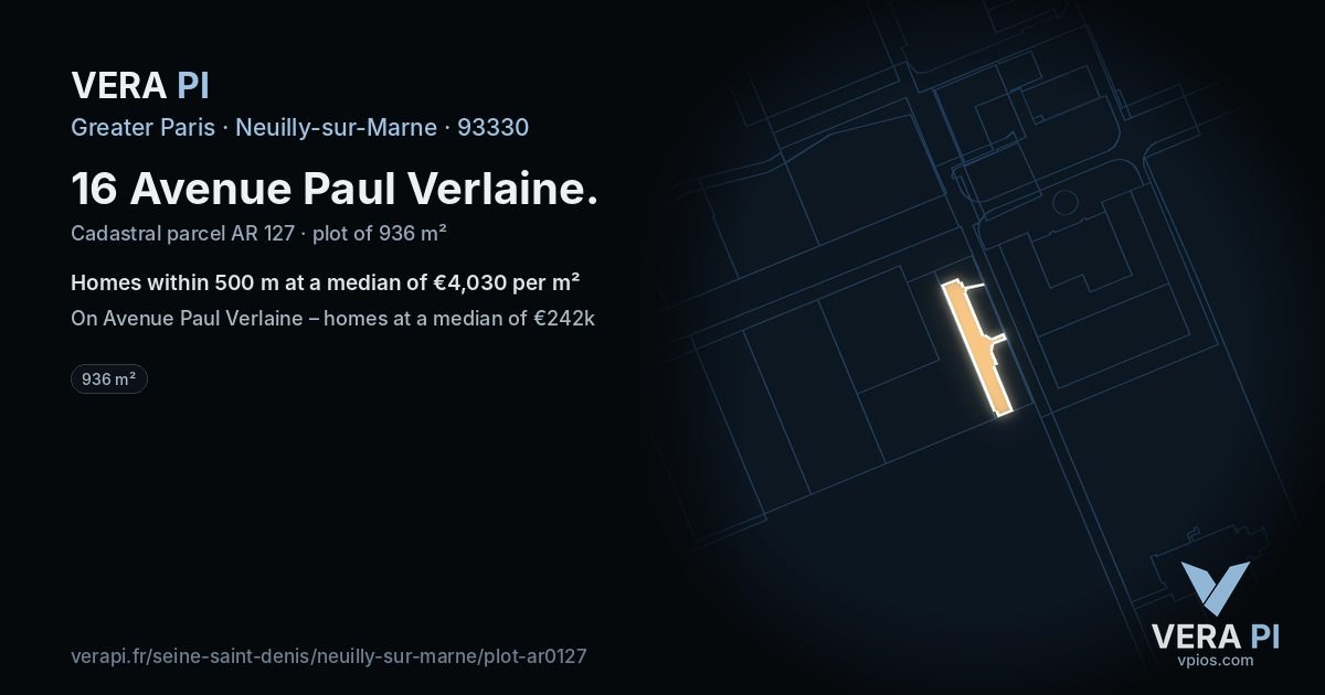 16 Avenue Paul Verlaine, Neuilly-sur-Marne at night – the plot lit, the parcels around coloured by the prices near them
