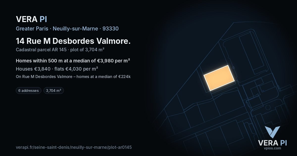 14 Rue M Desbordes Valmore, Neuilly-sur-Marne at night – the plot lit, the parcels around coloured by the prices near them