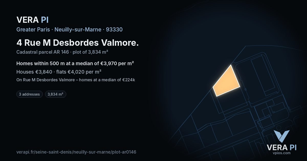 4 Rue M Desbordes Valmore, Neuilly-sur-Marne at night – the plot lit, the parcels around coloured by the prices near them