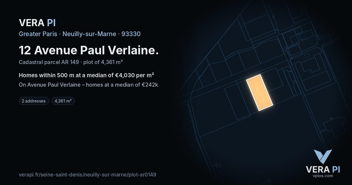 12 Avenue Paul Verlaine, Neuilly-sur-Marne at night – the plot lit, the parcels around coloured by the prices near them