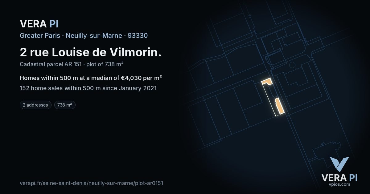 2 rue Louise de Vilmorin, Neuilly-sur-Marne at night – the plot lit, the parcels around coloured by the prices near them