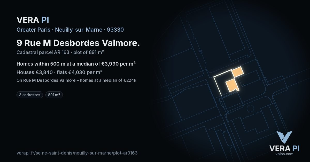 9 Rue M Desbordes Valmore, Neuilly-sur-Marne at night – the plot lit, the parcels around coloured by the prices near them