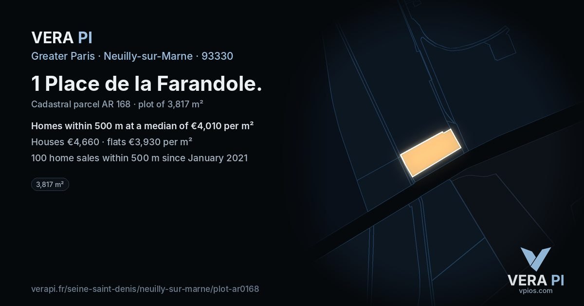 1 Place de la Farandole, Neuilly-sur-Marne at night – the plot lit, the parcels around coloured by the prices near them