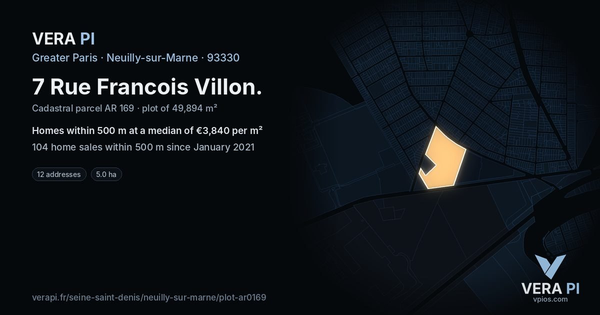 7 Rue Francois Villon, Neuilly-sur-Marne at night – the plot lit, the parcels around coloured by the prices near them