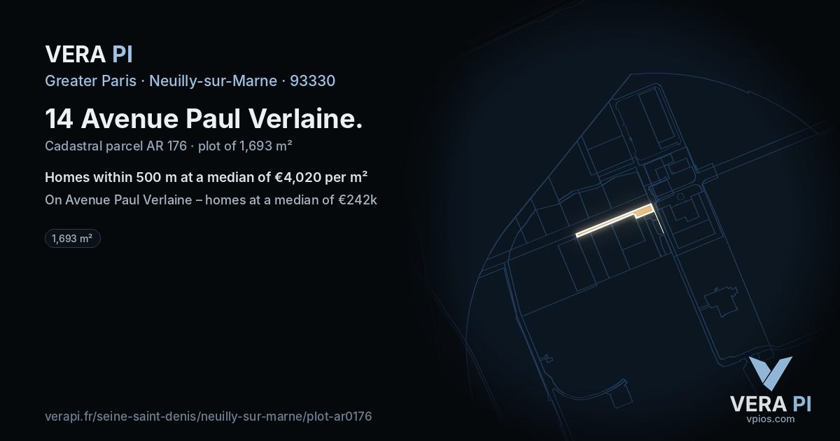 14 Avenue Paul Verlaine, Neuilly-sur-Marne at night – the plot lit, the parcels around coloured by the prices near them