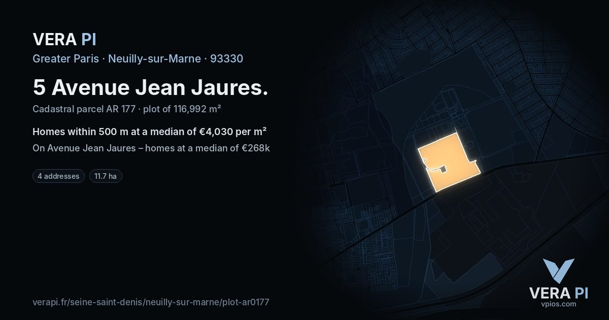 5 Avenue Jean Jaures, Neuilly-sur-Marne at night – the plot lit, the parcels around coloured by the prices near them