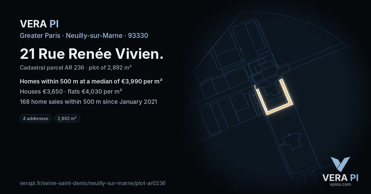 21 Rue Renée Vivien, Neuilly-sur-Marne at night – the plot lit, the parcels around coloured by the prices near them