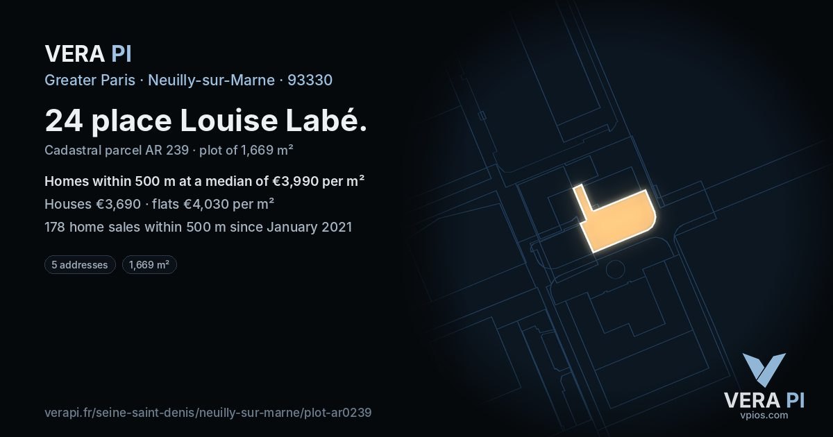 24 place Louise Labé, Neuilly-sur-Marne at night – the plot lit, the parcels around coloured by the prices near them