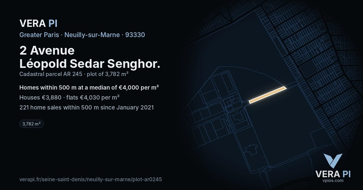 2 Avenue Léopold Sedar Senghor, Neuilly-sur-Marne at night – the plot lit, the parcels around coloured by the prices near them