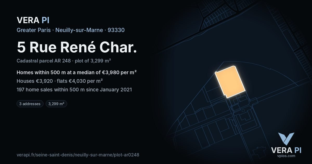 5 Rue René Char, Neuilly-sur-Marne at night – the plot lit, the parcels around coloured by the prices near them