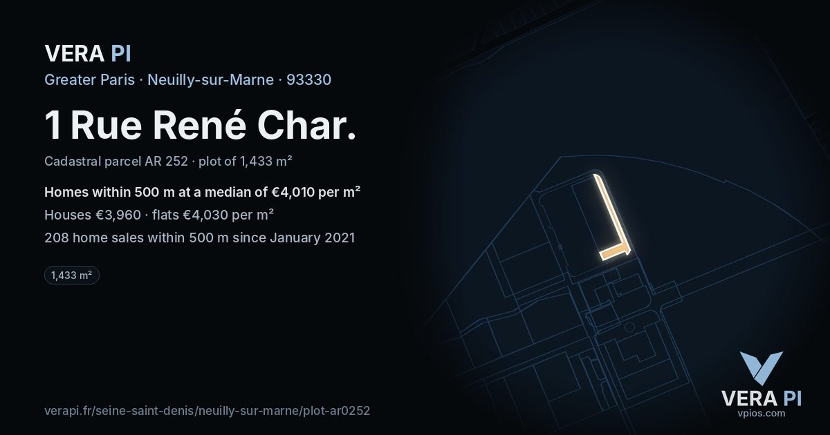1 Rue René Char, Neuilly-sur-Marne at night – the plot lit, the parcels around coloured by the prices near them