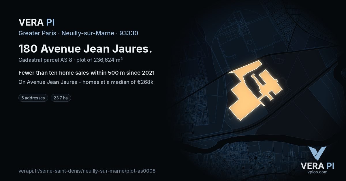 180 Avenue Jean Jaures, Neuilly-sur-Marne at night – the plot lit, the parcels around coloured by the prices near them