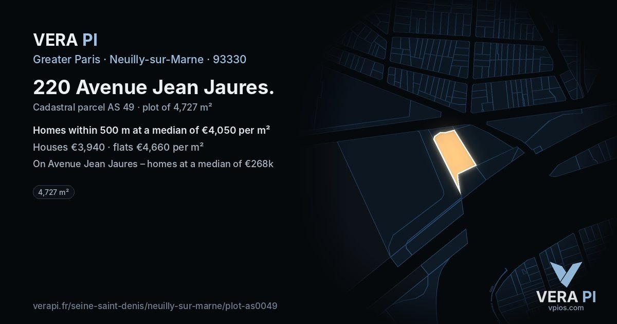 220 Avenue Jean Jaures, Neuilly-sur-Marne at night – the plot lit, the parcels around coloured by the prices near them