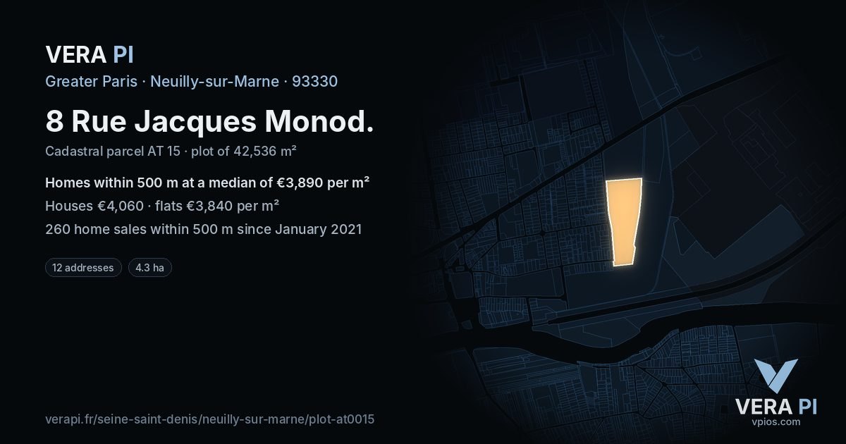 8 Rue Jacques Monod, Neuilly-sur-Marne at night – the plot lit, the parcels around coloured by the prices near them