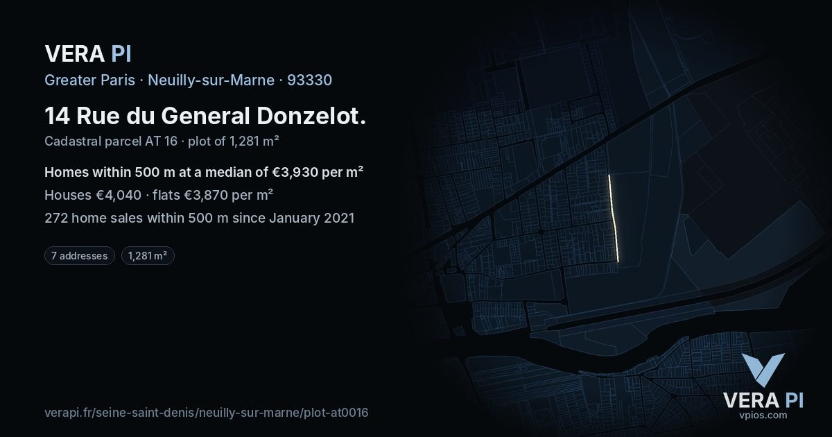 14 Rue du General Donzelot, Neuilly-sur-Marne at night – the plot lit, the parcels around coloured by the prices near them