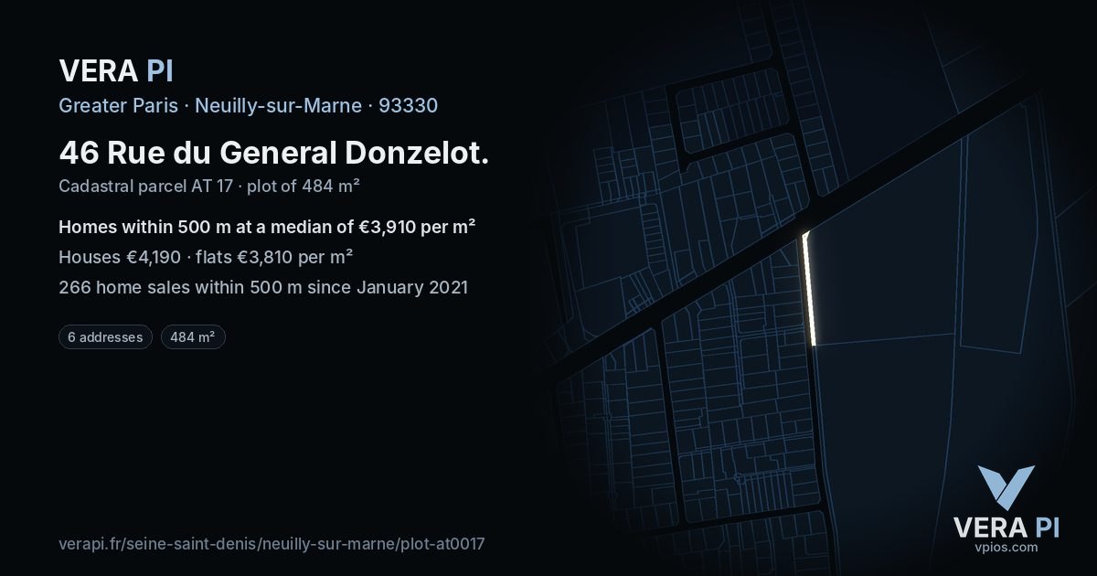 46 Rue du General Donzelot, Neuilly-sur-Marne at night – the plot lit, the parcels around coloured by the prices near them