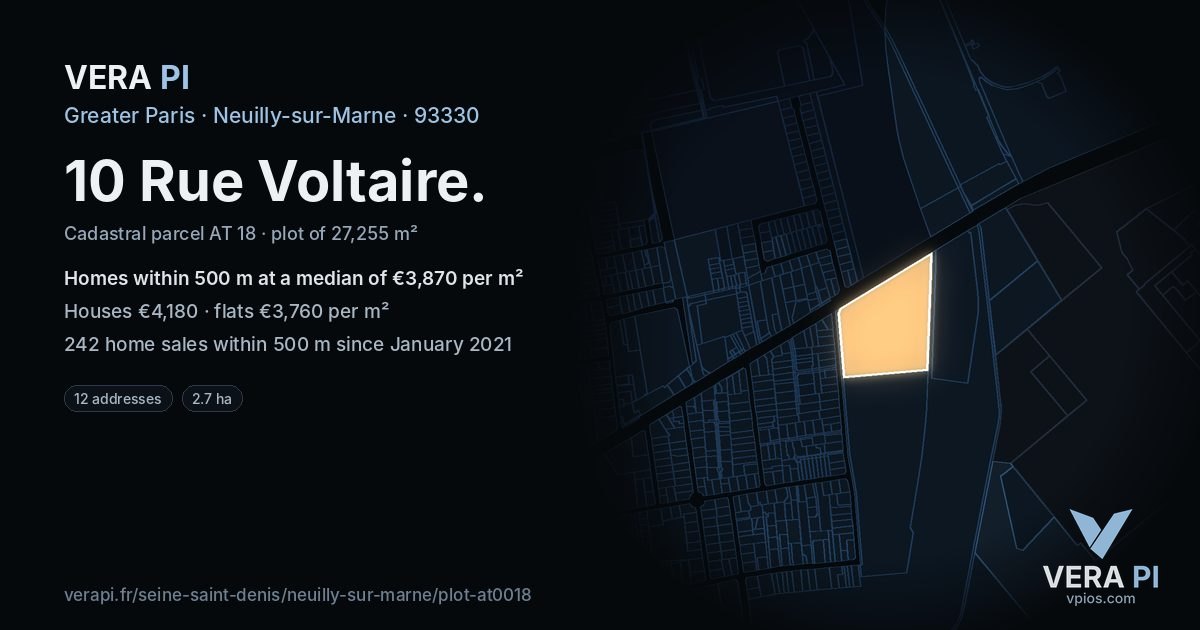 10 Rue Voltaire, Neuilly-sur-Marne at night – the plot lit, the parcels around coloured by the prices near them