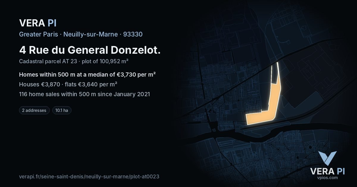 4 Rue du General Donzelot, Neuilly-sur-Marne at night – the plot lit, the parcels around coloured by the prices near them