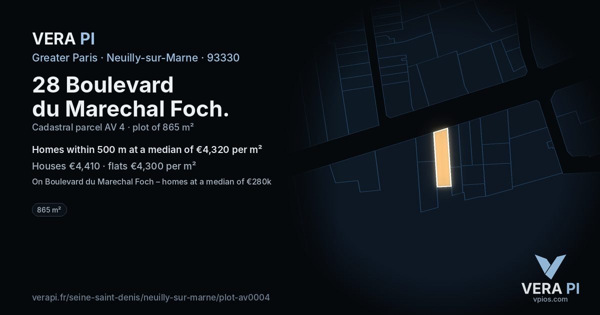 28 Boulevard du Marechal Foch, Neuilly-sur-Marne at night – the plot lit, the parcels around coloured by the prices near them