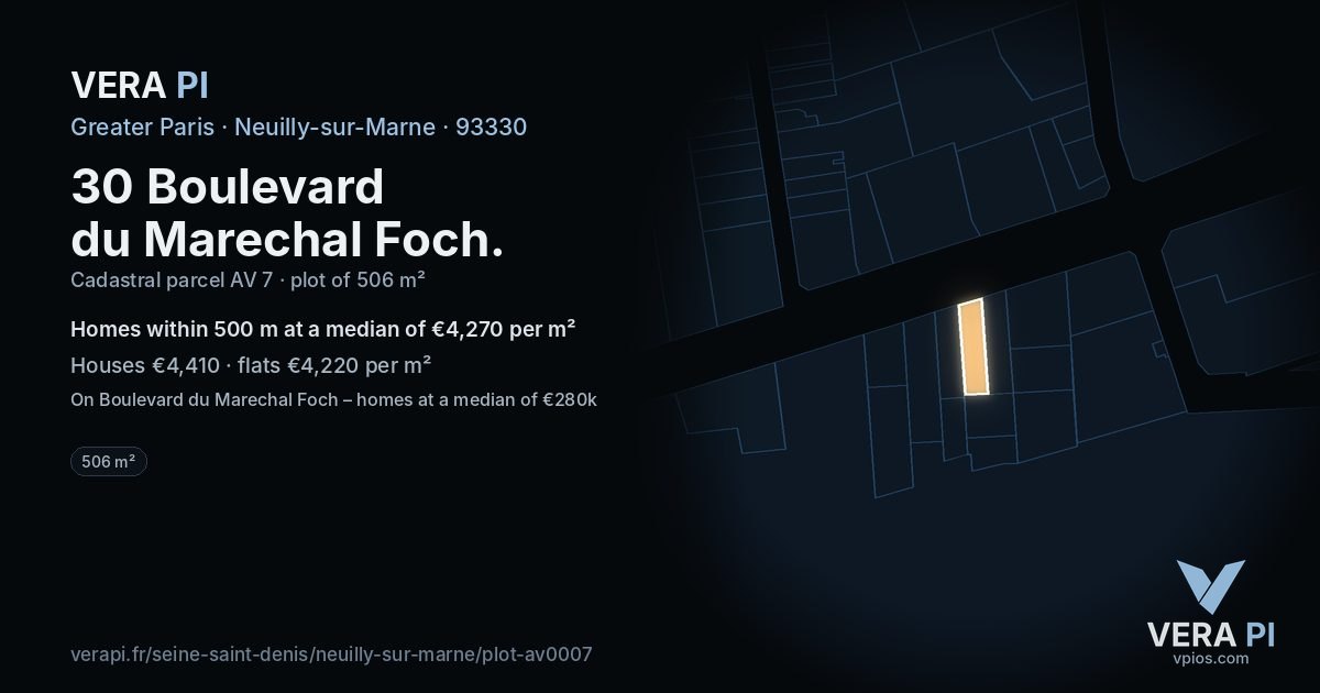 30 Boulevard du Marechal Foch, Neuilly-sur-Marne at night – the plot lit, the parcels around coloured by the prices near them