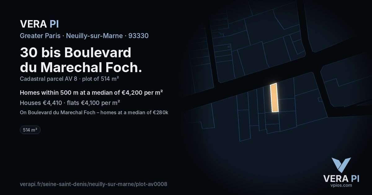 30 bis Boulevard du Marechal Foch, Neuilly-sur-Marne at night – the plot lit, the parcels around coloured by the prices near them