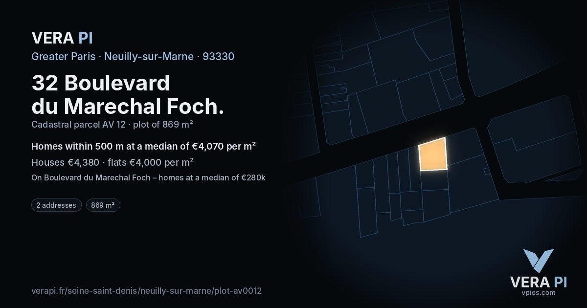 32 Boulevard du Marechal Foch, Neuilly-sur-Marne at night – the plot lit, the parcels around coloured by the prices near them