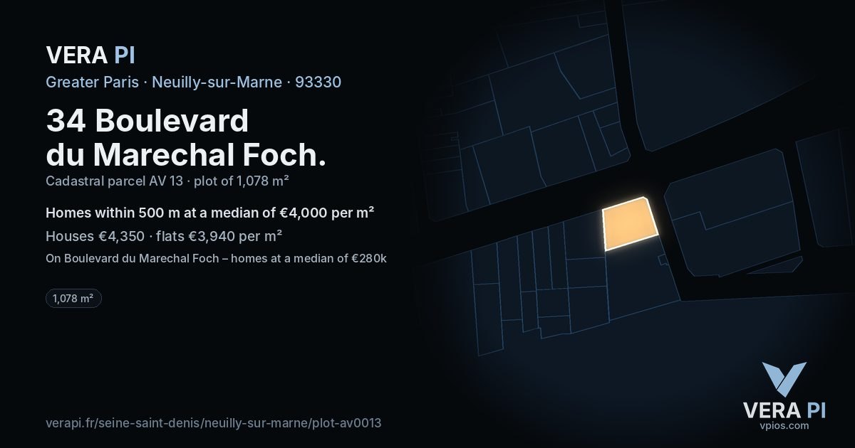 34 Boulevard du Marechal Foch, Neuilly-sur-Marne at night – the plot lit, the parcels around coloured by the prices near them