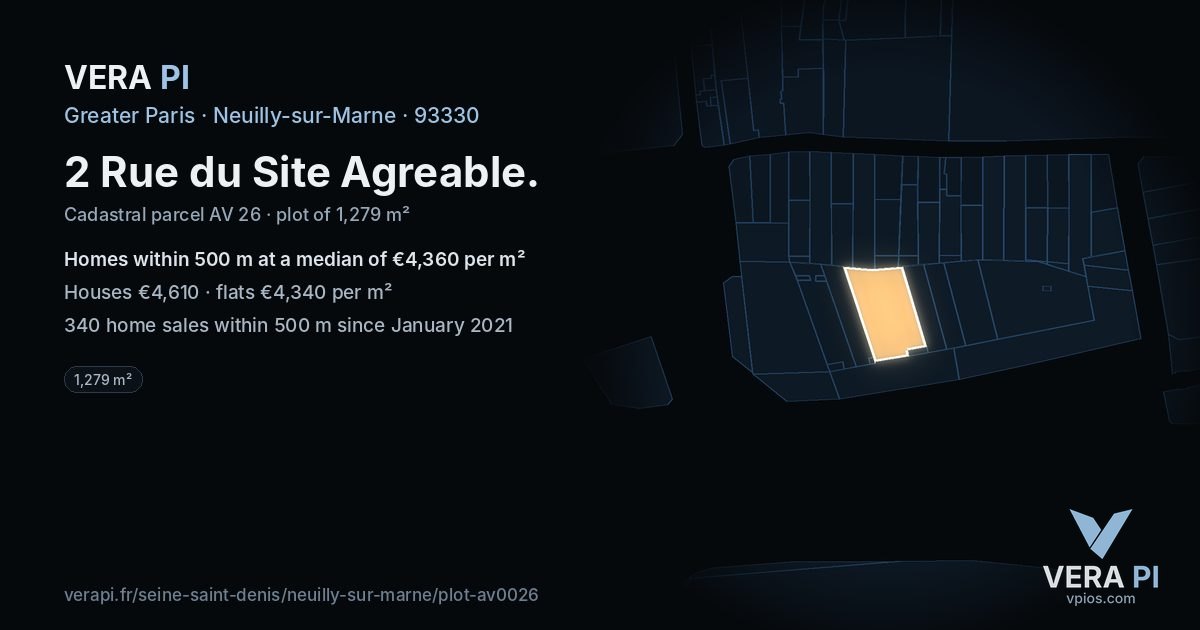 2 Rue du Site Agreable, Neuilly-sur-Marne at night – the plot lit, the parcels around coloured by the prices near them