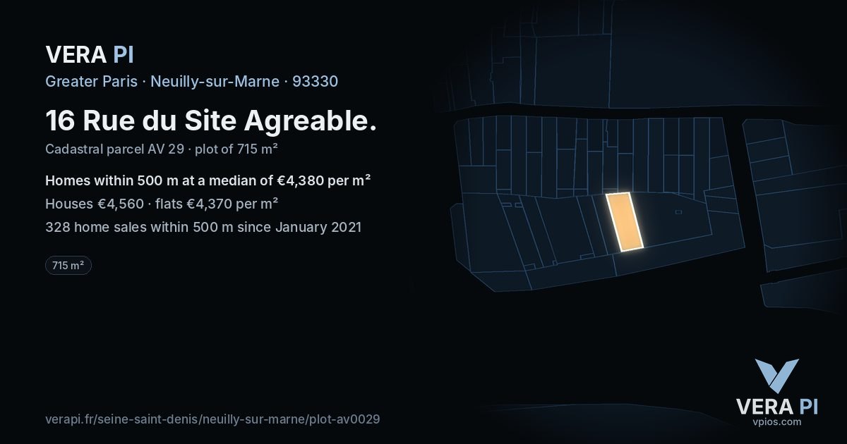 16 Rue du Site Agreable, Neuilly-sur-Marne at night – the plot lit, the parcels around coloured by the prices near them