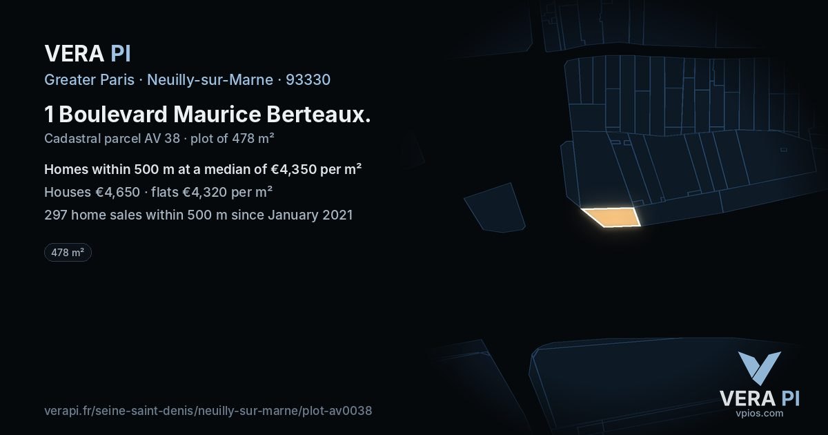 1 Boulevard Maurice Berteaux, Neuilly-sur-Marne at night – the plot lit, the parcels around coloured by the prices near them
