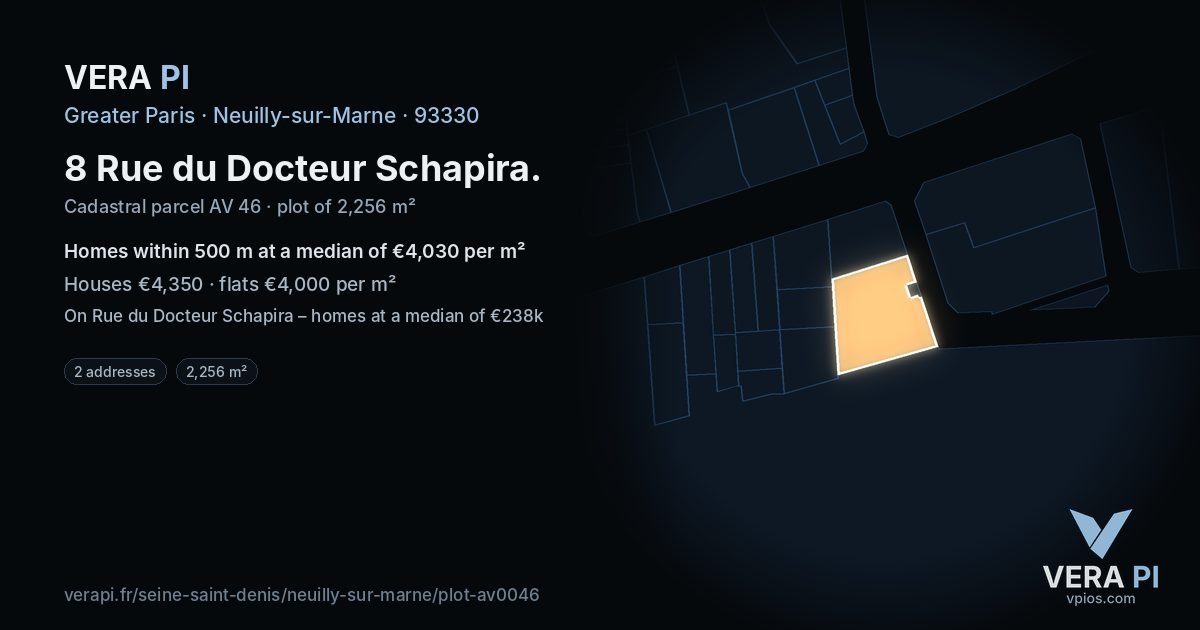 8 Rue du Docteur Schapira, Neuilly-sur-Marne at night – the plot lit, the parcels around coloured by the prices near them