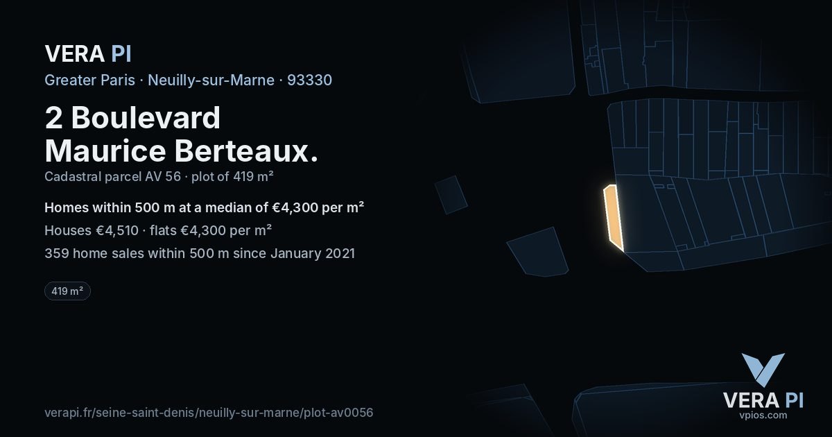 2 Boulevard Maurice Berteaux, Neuilly-sur-Marne at night – the plot lit, the parcels around coloured by the prices near them