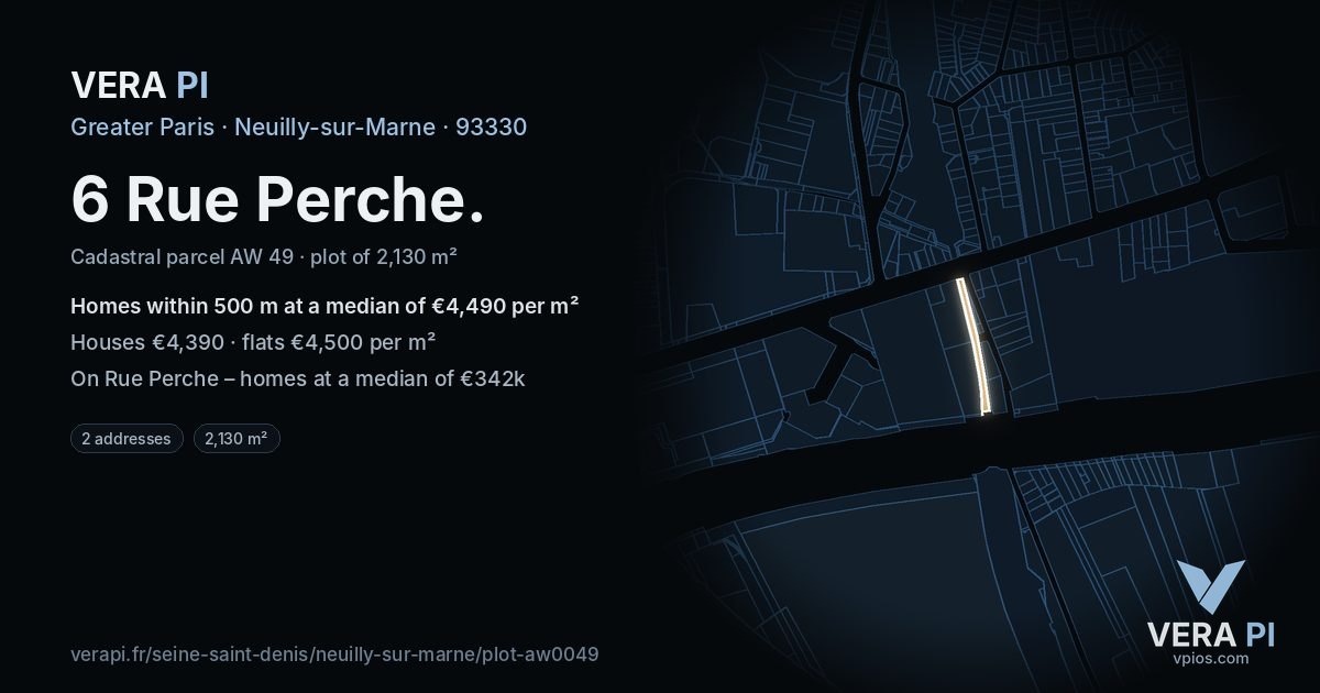 6 Rue Perche, Neuilly-sur-Marne at night – the plot lit, the parcels around coloured by the prices near them