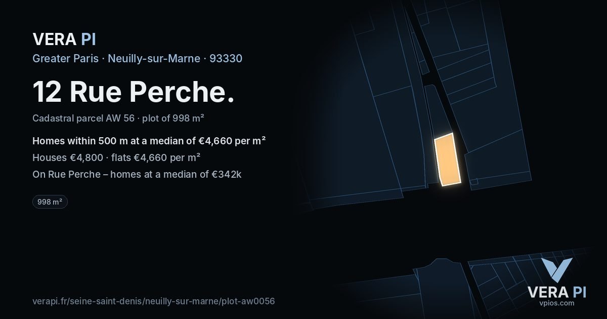12 Rue Perche, Neuilly-sur-Marne at night – the plot lit, the parcels around coloured by the prices near them