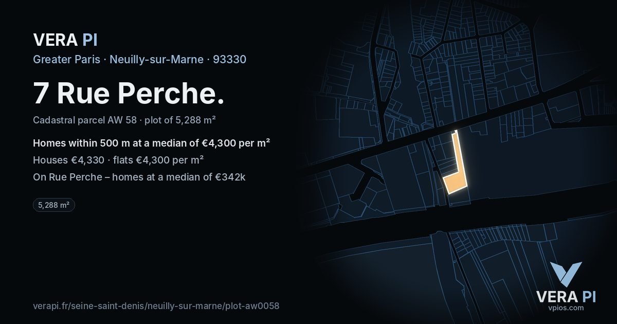 7 Rue Perche, Neuilly-sur-Marne at night – the plot lit, the parcels around coloured by the prices near them