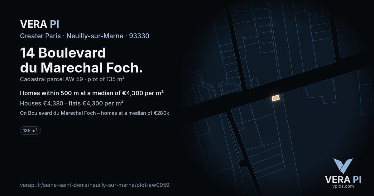14 Boulevard du Marechal Foch, Neuilly-sur-Marne at night – the plot lit, the parcels around coloured by the prices near them