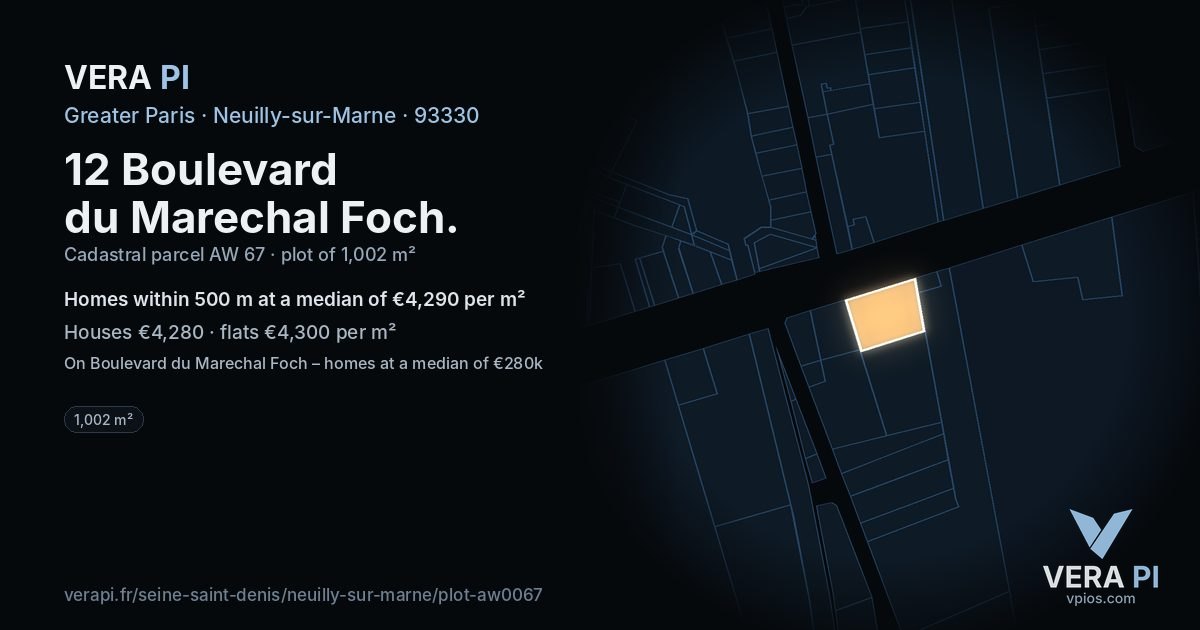 12 Boulevard du Marechal Foch, Neuilly-sur-Marne at night – the plot lit, the parcels around coloured by the prices near them
